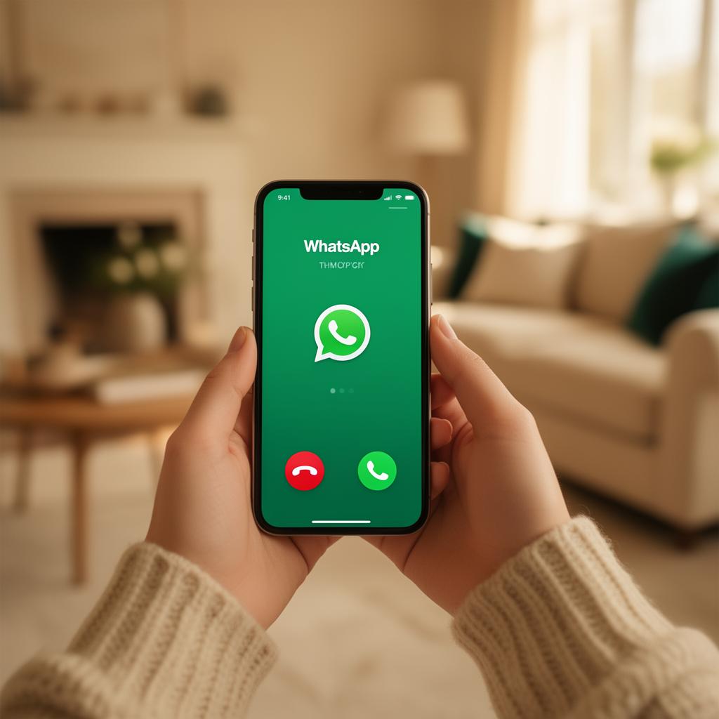 Manos con un móvil recibiendo una llamada de WhatsApp en un salón cálido