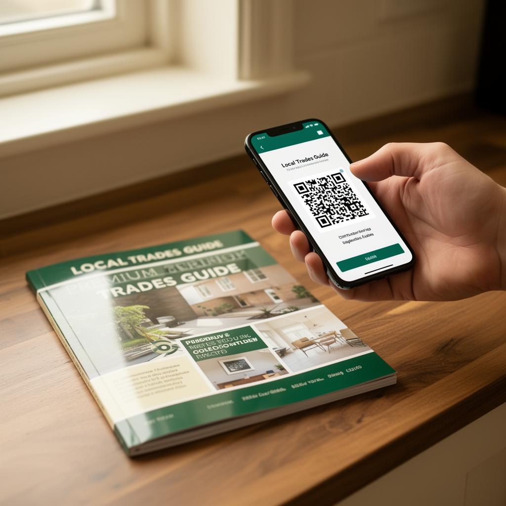 Mano escaneando con el móvil el QR impreso en la guía Oficios de Confianza sobre una encimera de madera
