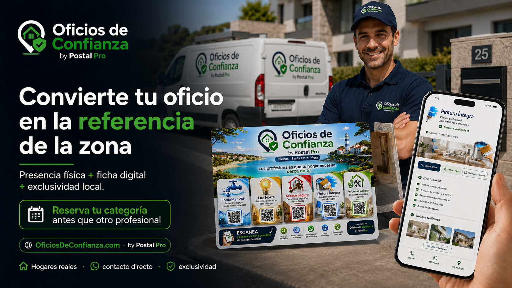 Guía impresa Oficios de Confianza, ficha digital Clima Verde en iPhone y dashboard del portal anunciante en MacBook