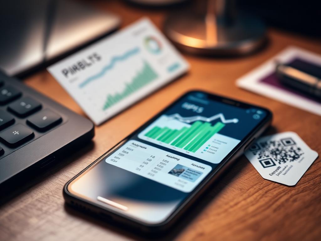 Móvil mostrando un panel de analítica junto a una tarjeta QR sobre un escritorio cálido