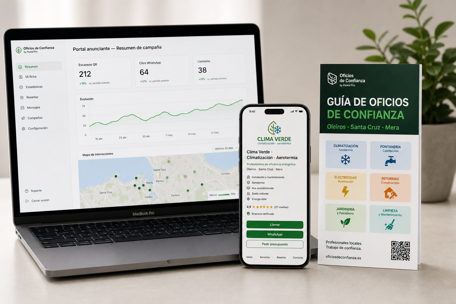 Dashboard del portal anunciante, ficha digital Clima Verde y guía impresa Oficios de Confianza