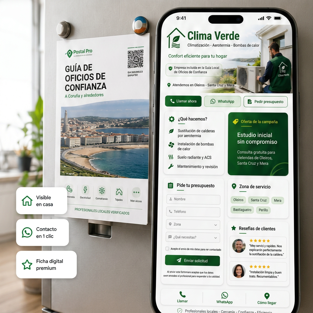 Guía de Oficios de Confianza pegada en la nevera con ficha digital del profesional
