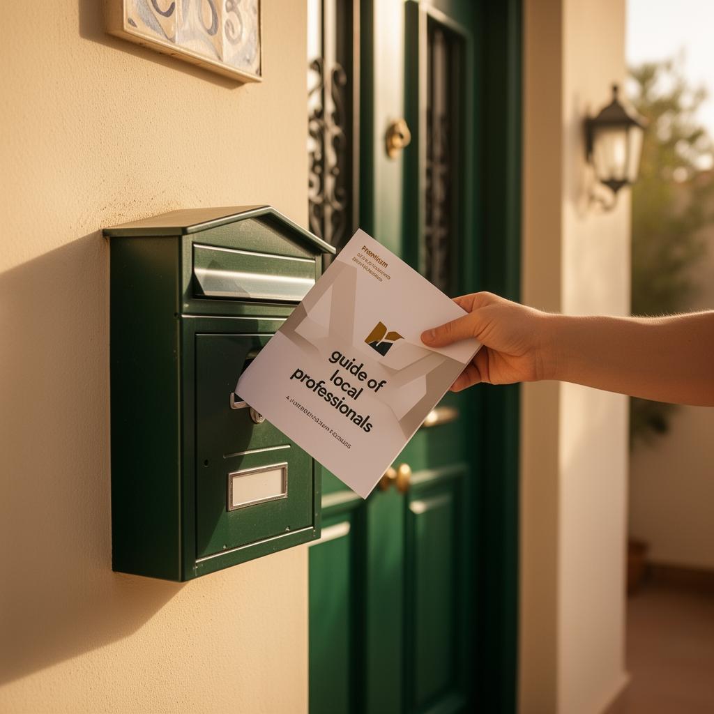 Mano introduciendo la guía Oficios de Confianza en el buzón al amanecer