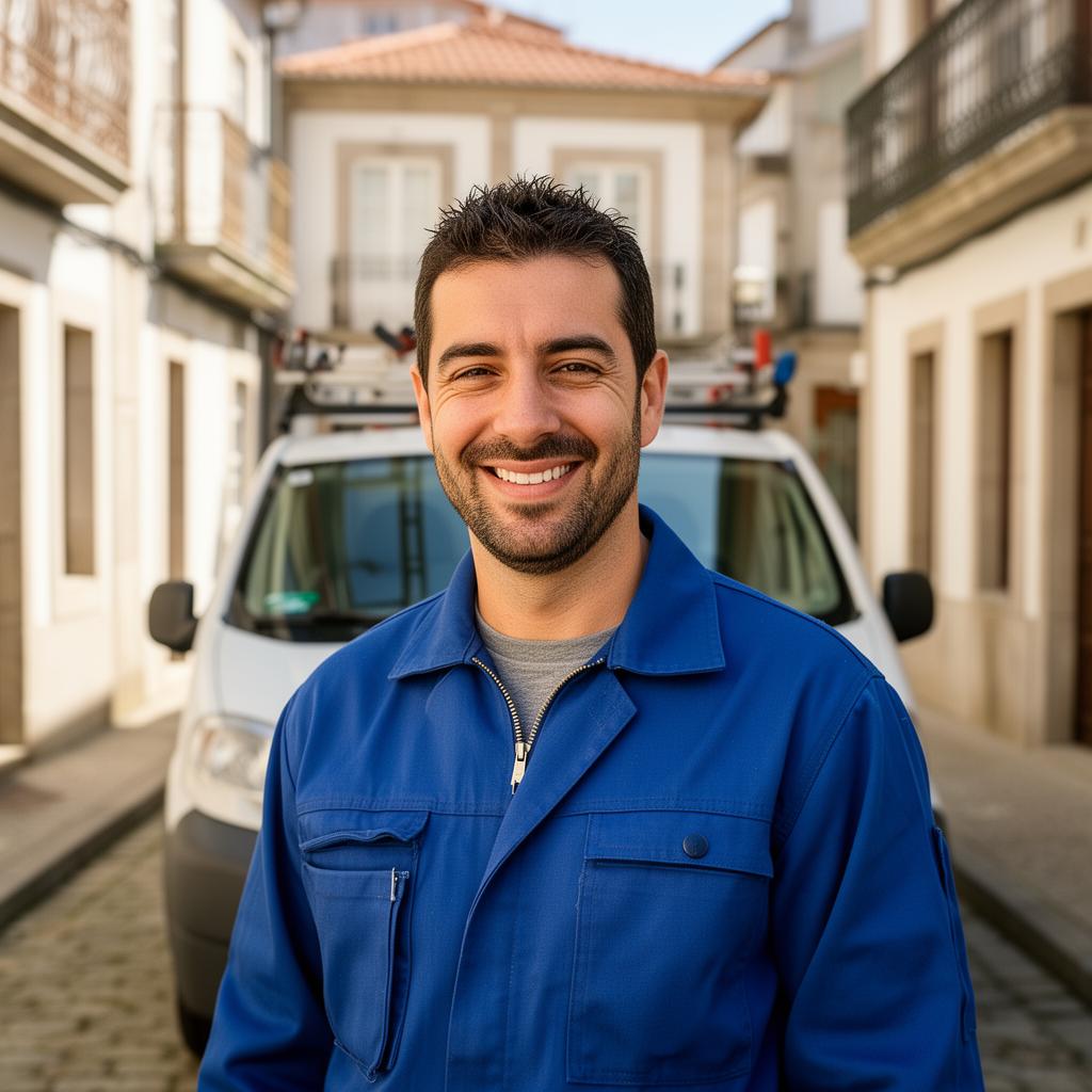 Profesional local sonriente junto a su furgoneta de trabajo en una calle de una localidad costera gallega