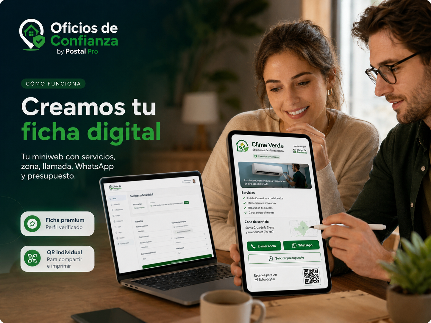 Creación de ficha digital profesional con servicios, QR y contacto directo