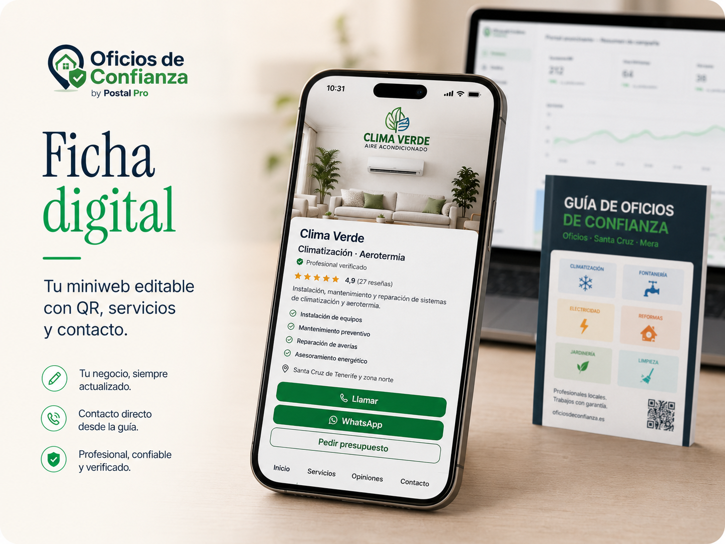 Ficha digital premium de un profesional con servicios, contacto y código QR