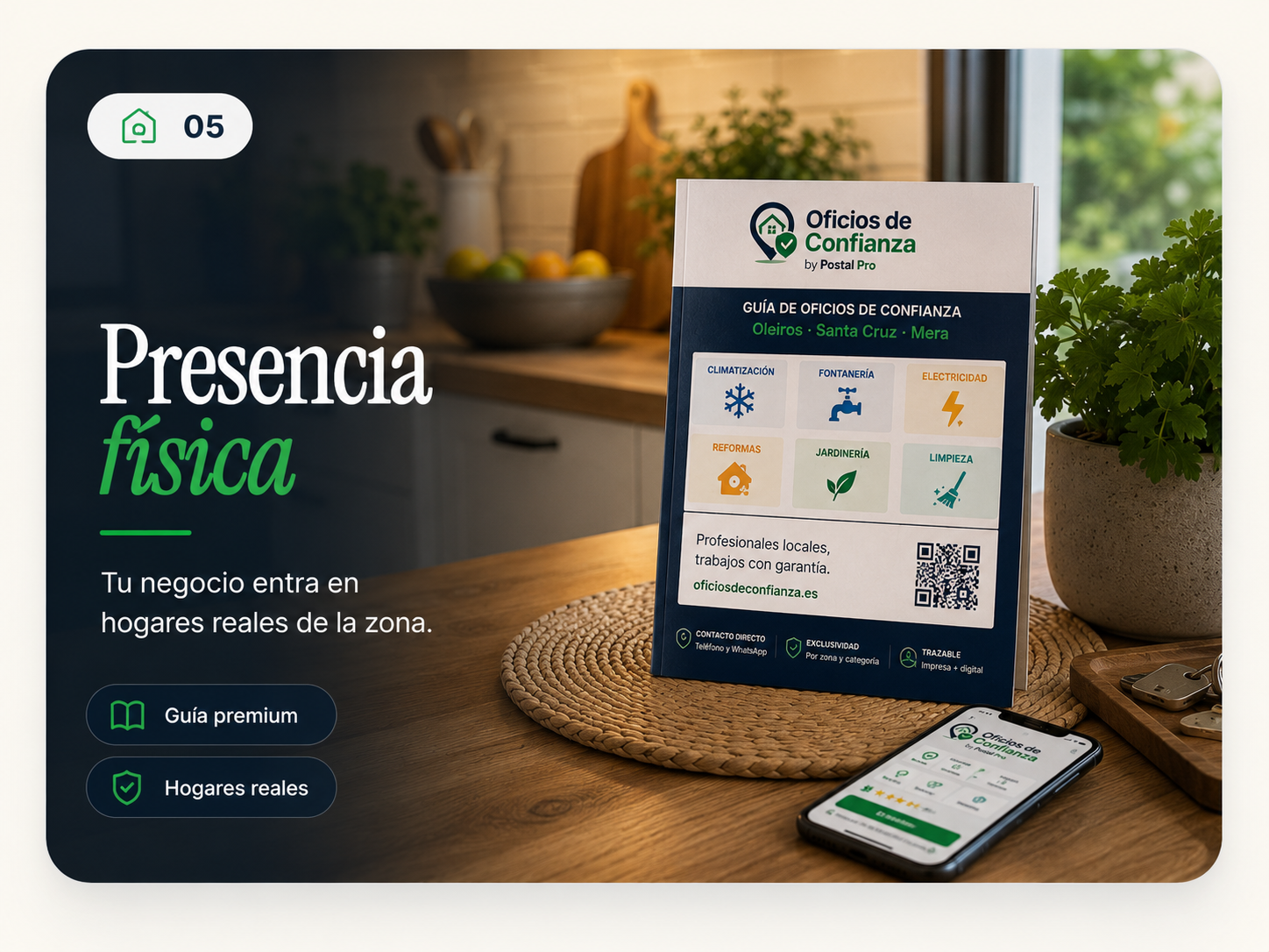 Guía física premium de Oficios de Confianza presente en un hogar real
